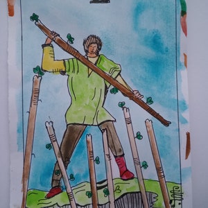 Pintura original de la carta del tarot SIETE DE BASTOS, firmada por el artista, acuarela y pluma y tinta