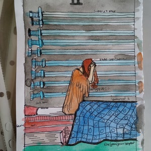 NUEVE DE ESPADAS, pintura original de la carta del tarot, artista firmada, acuarela, pluma y tinta