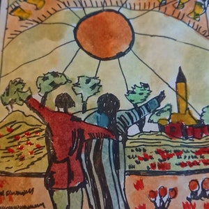 DIEZ DE COPAS, pintura original de la carta del tarot de 1909, acuarela y pluma y tinta