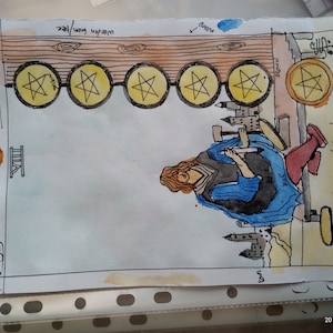OCHO DE OROS, pintura original de la carta del tarot, firmada por el artista, acuarela, pluma y tinta