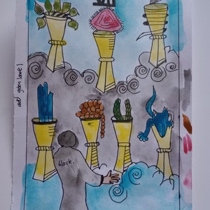 SIETE DE COPAS, pintura original de la carta del tarot, firmada por el artista, acuarela y pluma y tinta