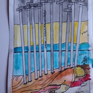 DIEZ DE ESPADAS, pintura original de la carta del tarot de 1909, acuarela y pluma y tinta