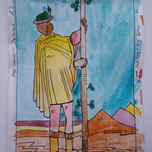 PÁGINA DE BASTOS, pintura original de la carta del tarot, firmada por el artista, acuarela y pluma y tinta