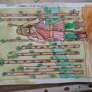 NUEVE DE BASTOS, pintura original de la carta del tarot, artista firmada, acuarela, pluma y tinta
