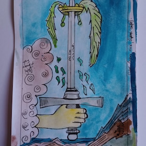 ACE OF SWORDS, pintura original de arte de cartas del tarot firmada por Pamela Coleman Smith, acuarela, pluma y tinta