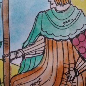 REY DE BASTOS Pintura original de arte de cartas del tarot, artista firmado, acuarela y pluma y tinta
