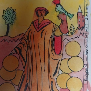 NUEVE DE PENTÁCULOS, pintura original de arte de cartas del tarot, artista firmado, acuarela y pluma y tinta