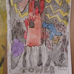LA TORRE, dipinto originale di carte dei tarocchi firmato Pamela Coleman Smith, acquerello e penna e inchiostro