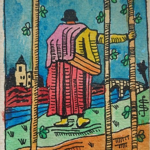 TRES DE BASTOS, pintura original de la carta del tarot de 1909, acuarela y pluma y tinta