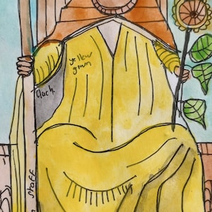 REINA DE BASTOS, pintura original de la carta del tarot, artista firmada, acuarela y pluma y tinta
