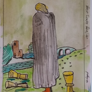 CINCO DE COPAS, pintura original del tarot, firmada por el artista, acuarela, pluma y tinta