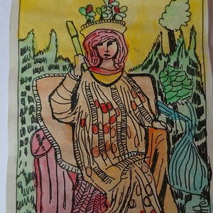 Pintura original de la carta del tarot LA EMPERATRIZ, firmada por el artista, acuarela, pluma y TINTA, alrededor de 1909