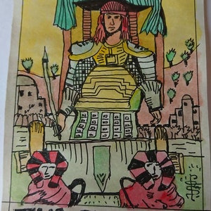 Pintura original de la carta del tarot EL CARRO, firmada por el artista, acuarela y pluma y tinta