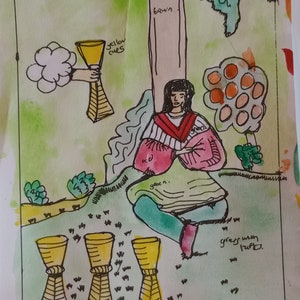 CUATRO DE COPAS, pintura original de la carta del tarot, firmada por el artista, acuarela y pluma y tinta