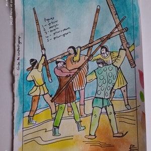 FIVE OF WANDS, peinture originale d'art de cartes de tarot de 1909, aquarelle, plume et encre