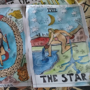 Pintura original de la carta del tarot STAR, FIRMADA, acuarela y pluma y tinta, alrededor de 1909
