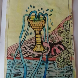 ACE OF CUPS, pintura original de arte de cartas del tarot Rider Waite Smith, artista firmado, acuarela y pluma y tinta