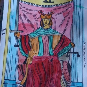 JUSTICIA, pintura original de arte de cartas del tarot, artista firmado, acuarela y pluma y tinta