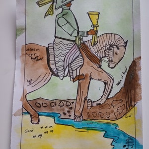 CABALLERO DE COPAS, pintura original de la carta del tarot, artista firmada, acuarela y pluma y tinta