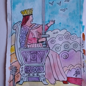QUEEN OF SWORDS, original Tarotkarte Kunstmalerei, signiert Künstler, Aquarell und pen und ink