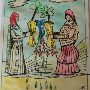 DOS DE COPAS, pintura original de la carta del tarot, firmada por el artista, acuarela y pluma y tinta