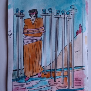 OCHO DE ESPADAS, pintura original de arte de cartas del tarot vintage, acuarela y pluma y tinta firmada por Pamela Coleman Smith