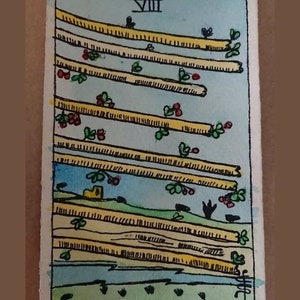 OCHO DE BASTOS, pintura original de arte de cartas del tarot vintage, acuarela y pluma y tinta firmada por Pamela Coleman Smith