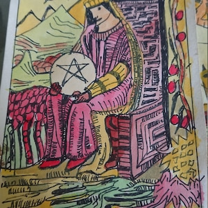 REINA DE OROS, pintura original de la carta del tarot, artista firmada, acuarela y pluma y tinta
