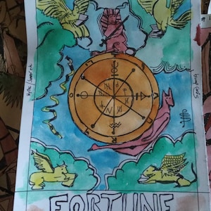 LA RUEDA DE LA FORTUNA, pintura original de la carta del tarot, firmada, acuarela y pluma y tinta.