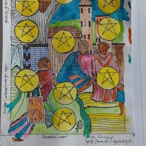 DIEZ DE OROS, pintura original de la carta del tarot, firmada por el artista, acuarela y pluma y tinta