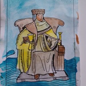 REY DE COPAS, pintura original de la carta del tarot, firmada por el artista, acuarela y pluma y tinta