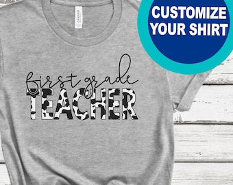 Custom Teacher Shirt: Cow Print Grade Level Matching Tee