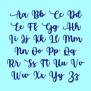 May include: A blue alphabet in a cursive font. The letters are arranged in rows, with each letter paired with its lowercase counterpart.
