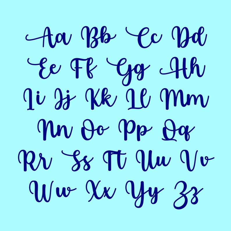May include: A blue alphabet in a cursive font. The letters are arranged in rows, with each letter paired with its lowercase counterpart.