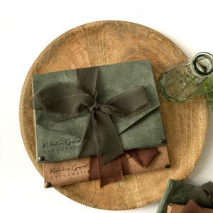 Vegan faux suede photo envelope with hand torn chiffon ribbon 10 pieces
