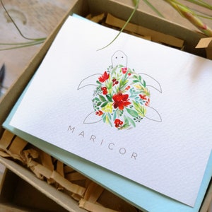 Gepersonaliseerde schildpad aquarel notitiekaarten / kleine gevouwen notitiekaarten, zeeschildpad kaarten set, doos van 10 bloemen aquarel kaarten