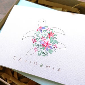 Aquarelle personnalisée Blossom Turtle 3x4"notes cadeaux / mini cartes pliées, ensemble de cartes tortue de mer, boîte de 10 cartes aquarelles florales