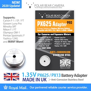 May include: A silver PX625/PX13 battery adapter for cameras. The adapter is made of anti-corrosion stainless steel and is 1.35V. It is made in the UK. The text "MADE IN UK" is printed on a small Union Jack flag.
