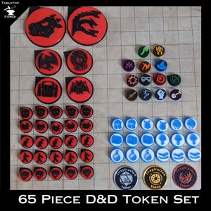 May include: A set of 65 Dungeons and Dragons (D&D) game tokens. The tokens are made of plastic and feature various designs, including skulls, monsters, and characters. The tokens are in red, black, blue, and white colours. The set also includes three inspiration tokens with a 20-sided die, a sun, and a dragon design.