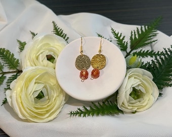 Gold Circle Earrings with Orange Bead — Textured Dangle Earrings, Lightweight Handmade Jewelry