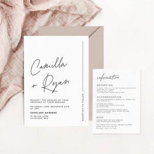 Modèle de suite d’invitation de mariage avec carte d’invitation et d’information, minimaliste, moderne, calligraphie, invitation imprimable, Callie, ensemble de 2 pièces