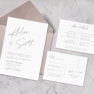 Suite d’invitation de mariage imprimable avec carte d’invitation et d’information et carte postale RSVP, ensemble de 3 pièces, minimaliste, moderne, calligraphie