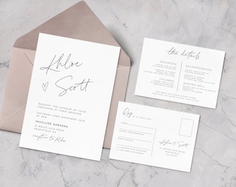 Printable Wedding Invitation Suite with Invite and Information card and RSVP postcard, 3 piece set, Minimalist, Modern, Calligraphy