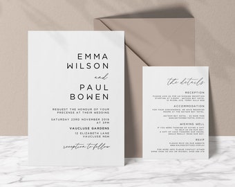 Wedding Invitation Suite Template with Invite and Information card, 2 piece set, Minimalist, Modern, Calligraphy, Printable Invite