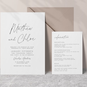Wedding Invitation Suite Template with Invite and Information card, Minimalist, Modern, Calligraphy, Printable Invite, Nova, 2 piece set