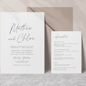 Modèle de suite d’invitation de mariage avec carte d’invitation et d’information, minimaliste, moderne, calligraphie, invitation imprimable, Nova, ensemble de 2 pièces