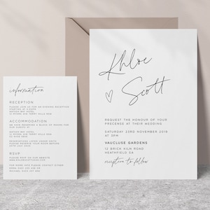 Suite imprimable de faire-part de mariage avec carte d'invitation et d'information, ensemble de 2 pièces, minimaliste, moderne, calligraphie