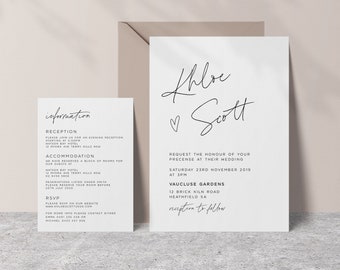 Printable Wedding Invitation Suite with Invite and Information card, 2 piece set, Minimalist, Modern, Calligraphy