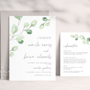 Modèle de suite d’invitation de mariage de jardin avec carte d’invitation et d’information dans un design de verdure, feuilles, imprimable, ensemble de 2 pièces, calligraphie