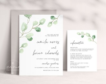 Garden Wedding Invitation Suite Template with Invite and Information card in a Greenery Design, Leaves, Printable, 2 piece set, Calligraphy